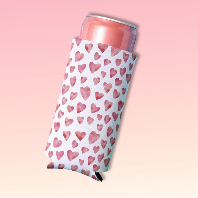 Pink Watercolor Love Heart Pattern Can Cooler (Creator Uploaded)