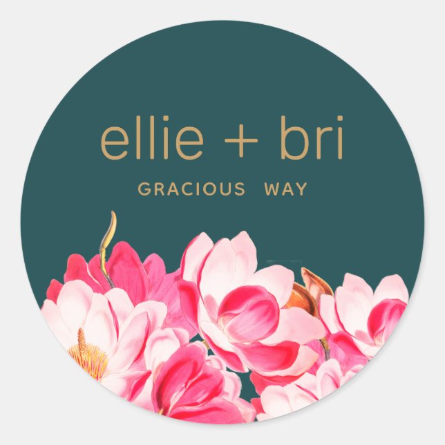 Pink Watercolor Magnolia Floral Teal  Sticker  (Front)