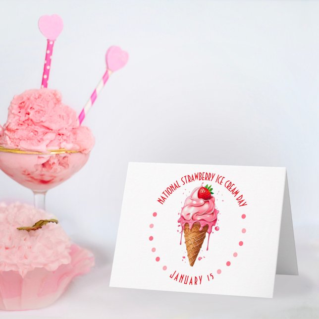 Pink Watercolor National Strawberry Ice Cream Day Note Card (Creator Uploaded)