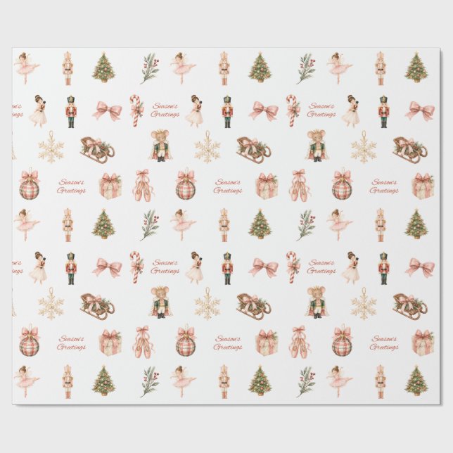 Pink Watercolor Nutcracker Ballet Pattern Wrapping Paper (Flat)
