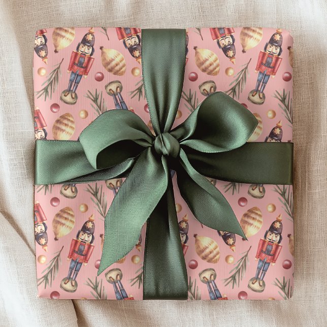 Pink Watercolor Nutcracker Pine Christmas Wrapping Paper (Creator Uploaded)