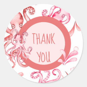 Pink Watercolor Octopus Sea Baby Girl Thank You Classic Round Sticker