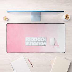 Pink Watercolor Ombre Feminine Monogram Desk Mat