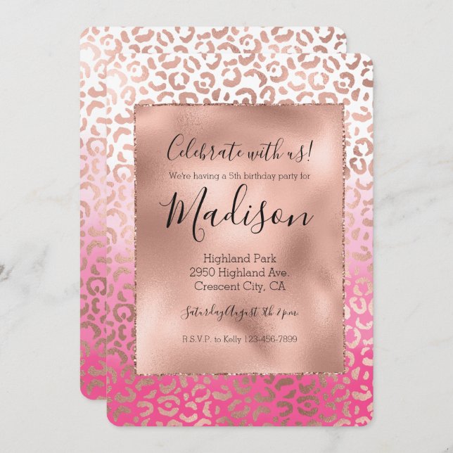 Pink Watercolor Ombre Leopard Print Invitation (Front/Back)