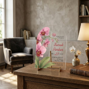 Pink Watercolor Orchid Funeral Announcement Card