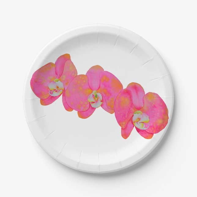 Pink watercolor Orchid painting Paper Plate (Front)