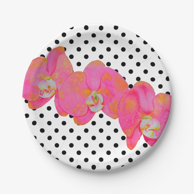 Pink watercolor Orchid painting | polka dots Paper Plate (Front)
