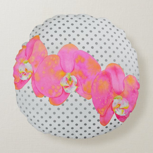 Pink watercolor Orchid painting, polka dots Round Cushion (Front)