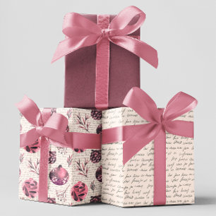 Pink Watercolor Ornaments Twigs Leaf Christmas   Wrapping Paper Sheet