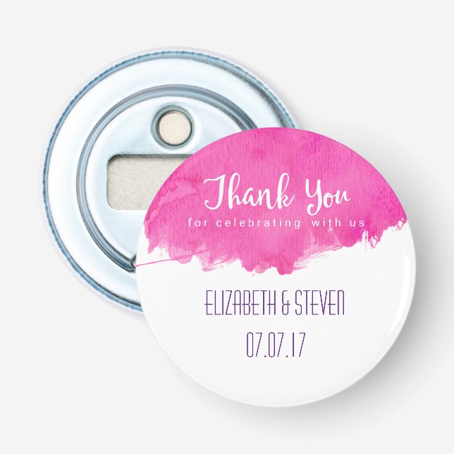 Pink Watercolor Paint Splatter Wedding Thank You Bottle Opener (Front)