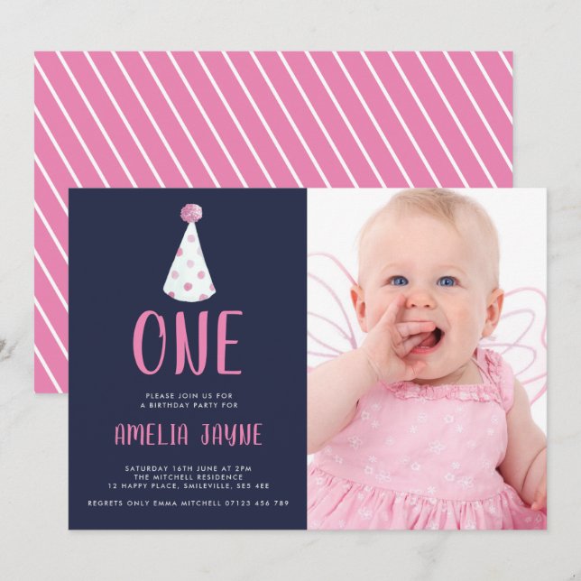 Pink Watercolor Party Hat 1st Birthday Party Photo Invitation (Front/Back)