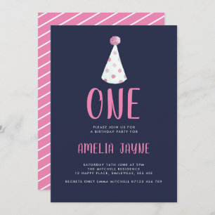 Pink Watercolor Party Hat First Birthday Party Invitation