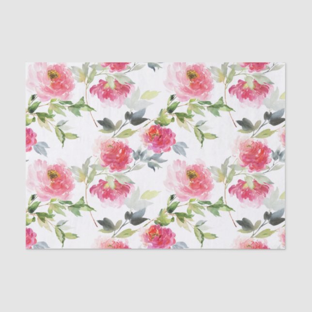 Pink Watercolor Peonies and Greenery Pattern Tissue Paper (Front)