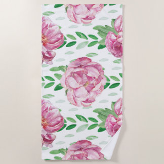 Pink  Watercolor Peonies Beach Towel