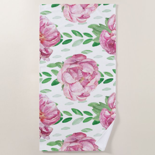 Pink  Watercolor Peonies Beach Towel (Front)
