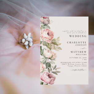 Pink Watercolor Peonies Elegant Wedding  Invitation