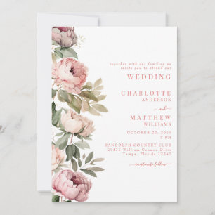 Pink Watercolor Peonies Elegant Wedding Pink Text Invitation