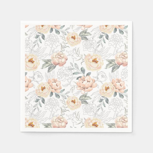 Pink Watercolor Peonies Floral Pattern Napkin (Front)