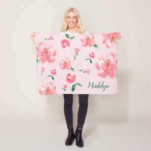 Pink Watercolor Peonies Green Script Custom Name Fleece Blanket