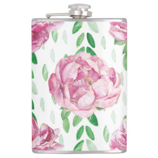 Pink  Watercolor Peonies Hip Flask
