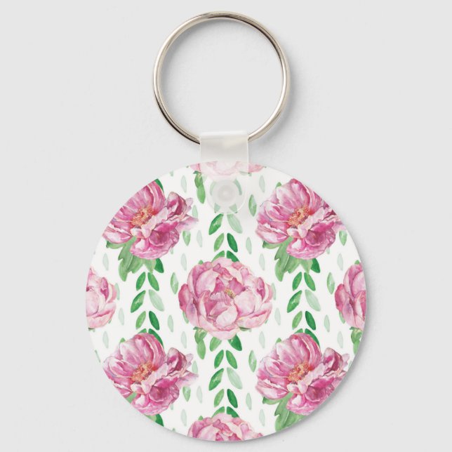 Pink  Watercolor Peonies Key Ring (Front)