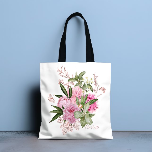 Pink Watercolor Peonies Rose Gold Butterfly Name Tote Bag (Creator Uploaded)