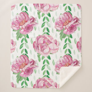 Pink  Watercolor Peonies Sherpa Blanket