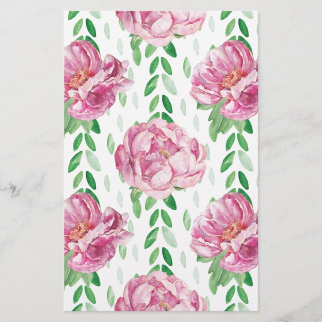 Pink  Watercolor Peonies Stationery (Front)