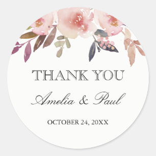Pink Watercolor Peonies Wedding Thank You Sticker
