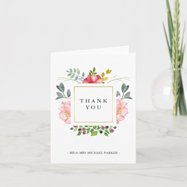 Pink Watercolor Peonies with Gold Thank You Card (Front)
