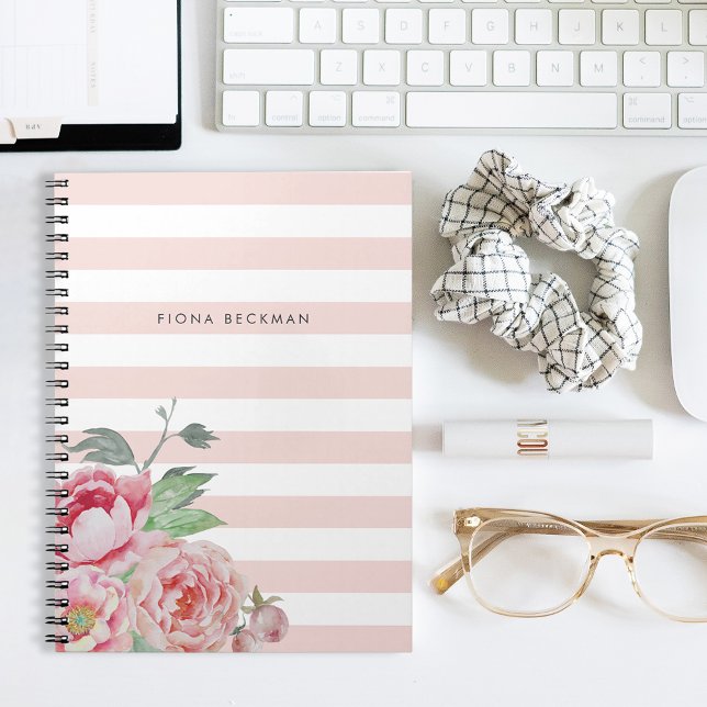 Pink Watercolor Peony & Blush Stripe Spiral Notebook (Creator Uploaded)