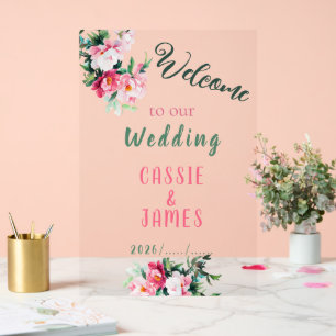 Pink Watercolor Peony Floral Wedding Welcome Acrylic Sign