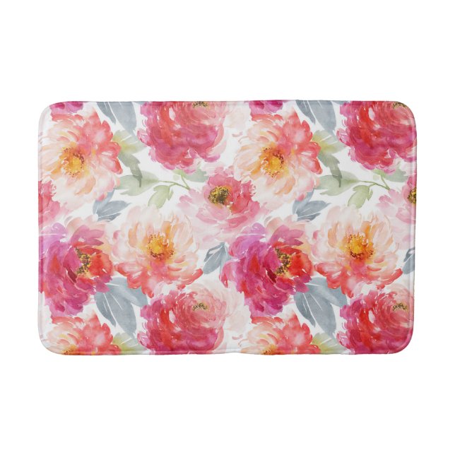 Pink Watercolor Peony Flower Pattern Bath Mat (Front)