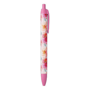 Pink Watercolor Peony Flower Pattern Black Ink Pen