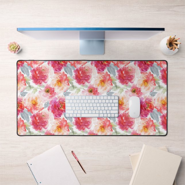Pink Watercolor Peony Flower Pattern Desk Mat (Office 1)