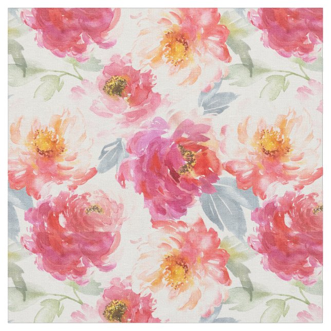 Pink Watercolor Peony Flower Pattern Fabric (Close Up)