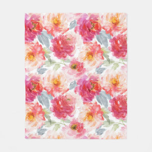 Pink Watercolor Peony Flower Pattern Fleece Blanket