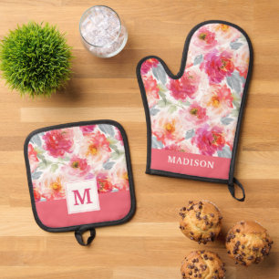 Pink Watercolor Peony Flower Pattern Oven Mitt & Pot Holder Set