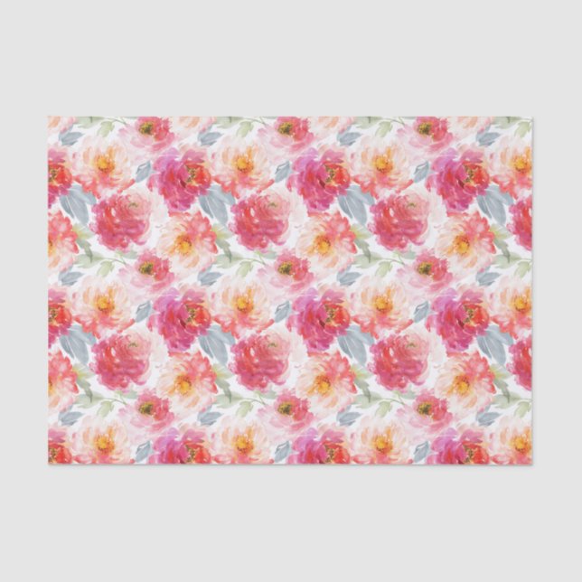 Pink Watercolor Peony Flower Pattern Tissue Paper (Front)