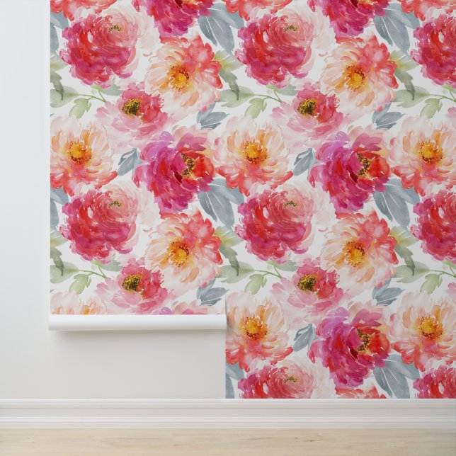 Pink Watercolor Peony Flower Pattern Wallpaper (Application)