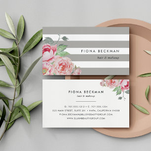 Pink Watercolor Peony & Grey Stripe Business Card