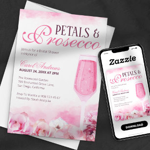 Pink Watercolor Petals & Prosecco Bridal Shower Invitation