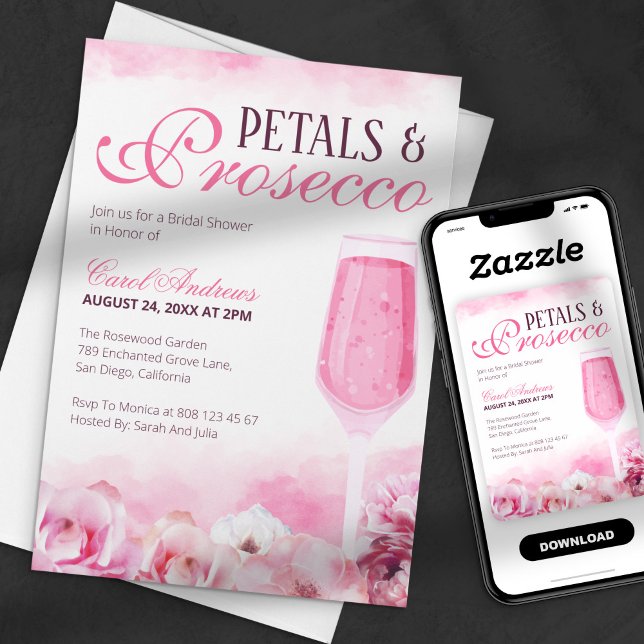 Pink Watercolor Petals & Prosecco Bridal Shower Invitation (Creator Uploaded)