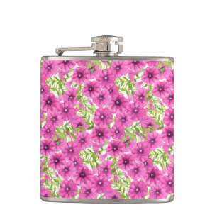 Pink watercolor petunia flower pattern hip flask