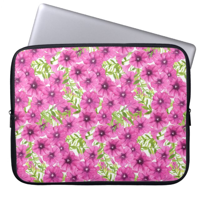 Pink watercolor petunia flower pattern laptop sleeve (Front)