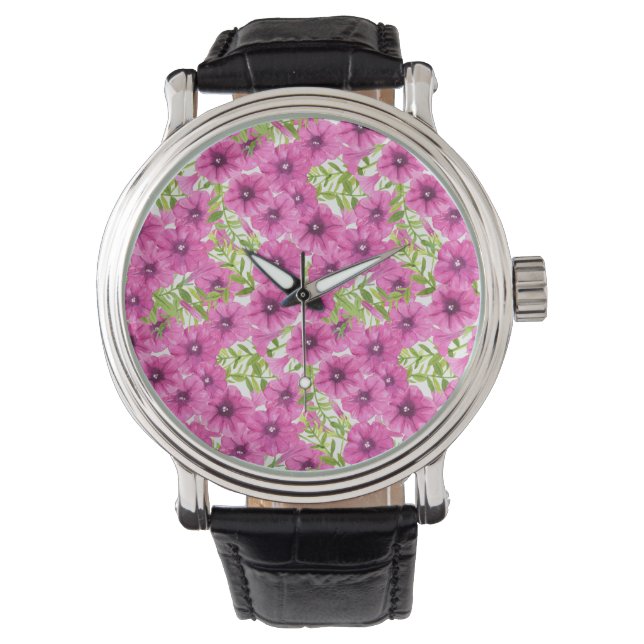 Pink watercolor petunia flower pattern watch (Front)