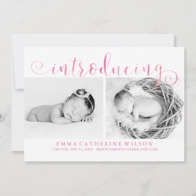 Pink Watercolor Photo Baby Announcements (Front)
