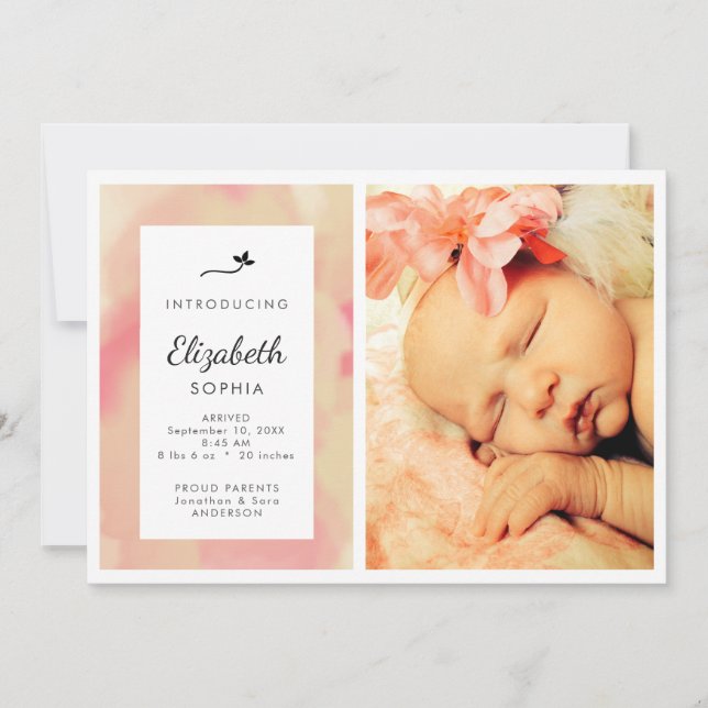 Pink Watercolor Photo Girl Birth Announcement (Front)