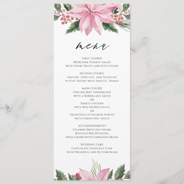 Pink Watercolor Poinsettia Floral Winter Wedding Menu (Front)