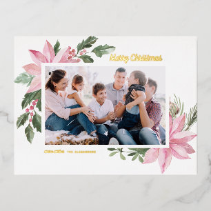 Pink Watercolor Poinsettia Frame Christmas Photo Foil Holiday Postcard